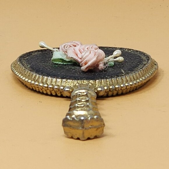 Vintage Handheld Vanity Mirror With Embroidered Pink Roses & Gold Beaded Trim - Picture 3 of 9